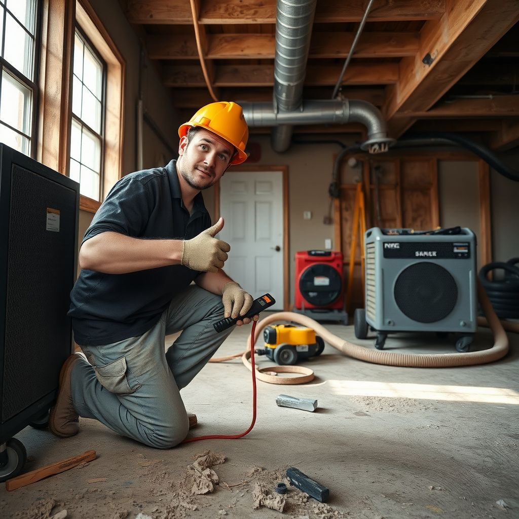 A Heritage Property Restoration technician in uniform shaking hands with a relieved homeowner in a dry, restored living room in Murphy, Texas.